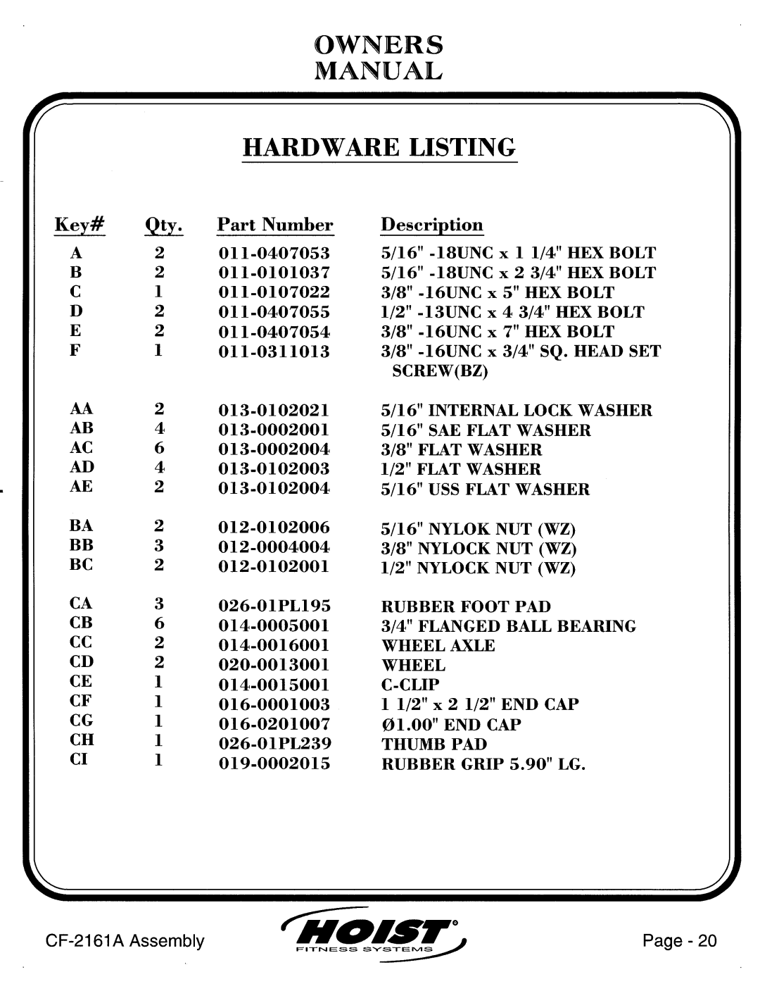 Hoist Fitness CF-2161A manual 