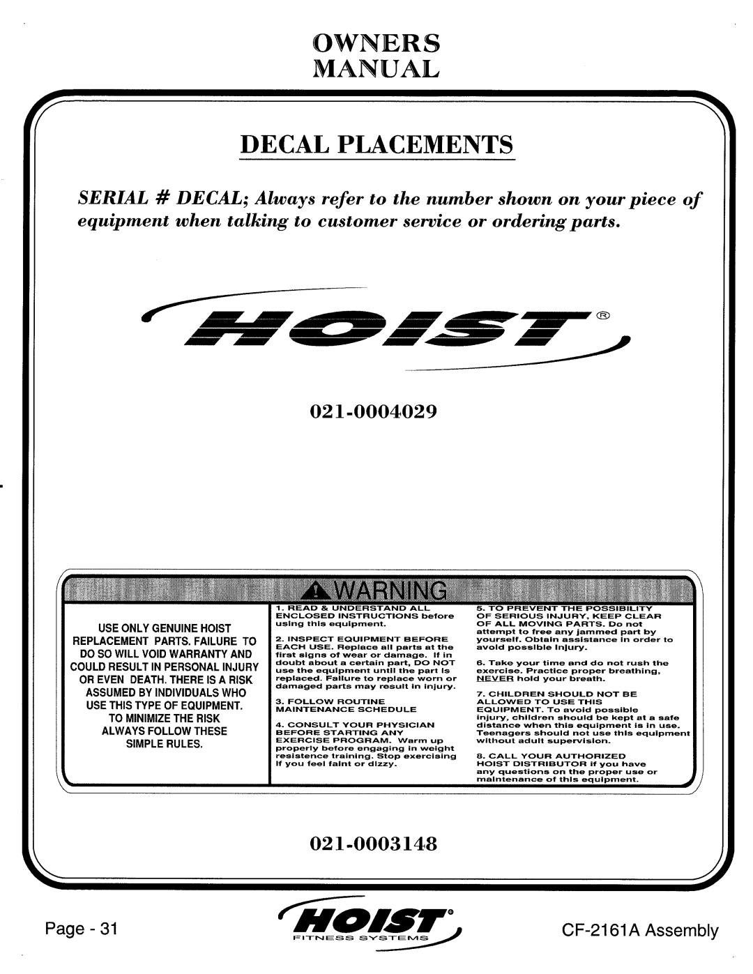 Hoist Fitness CF-2161A manual 