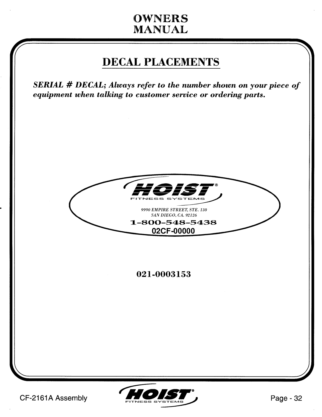 Hoist Fitness CF-2161A manual 