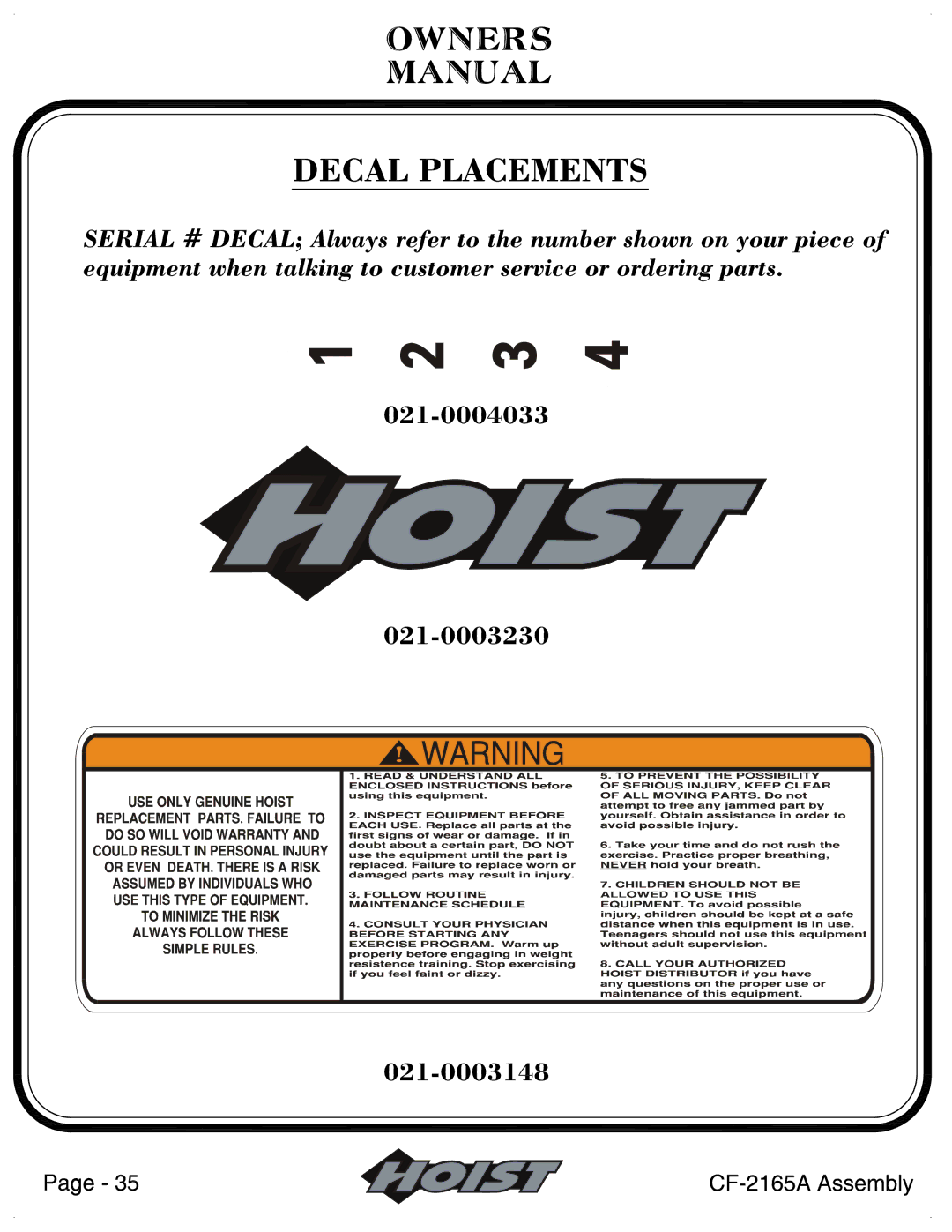 Hoist Fitness cf-2165a manual 