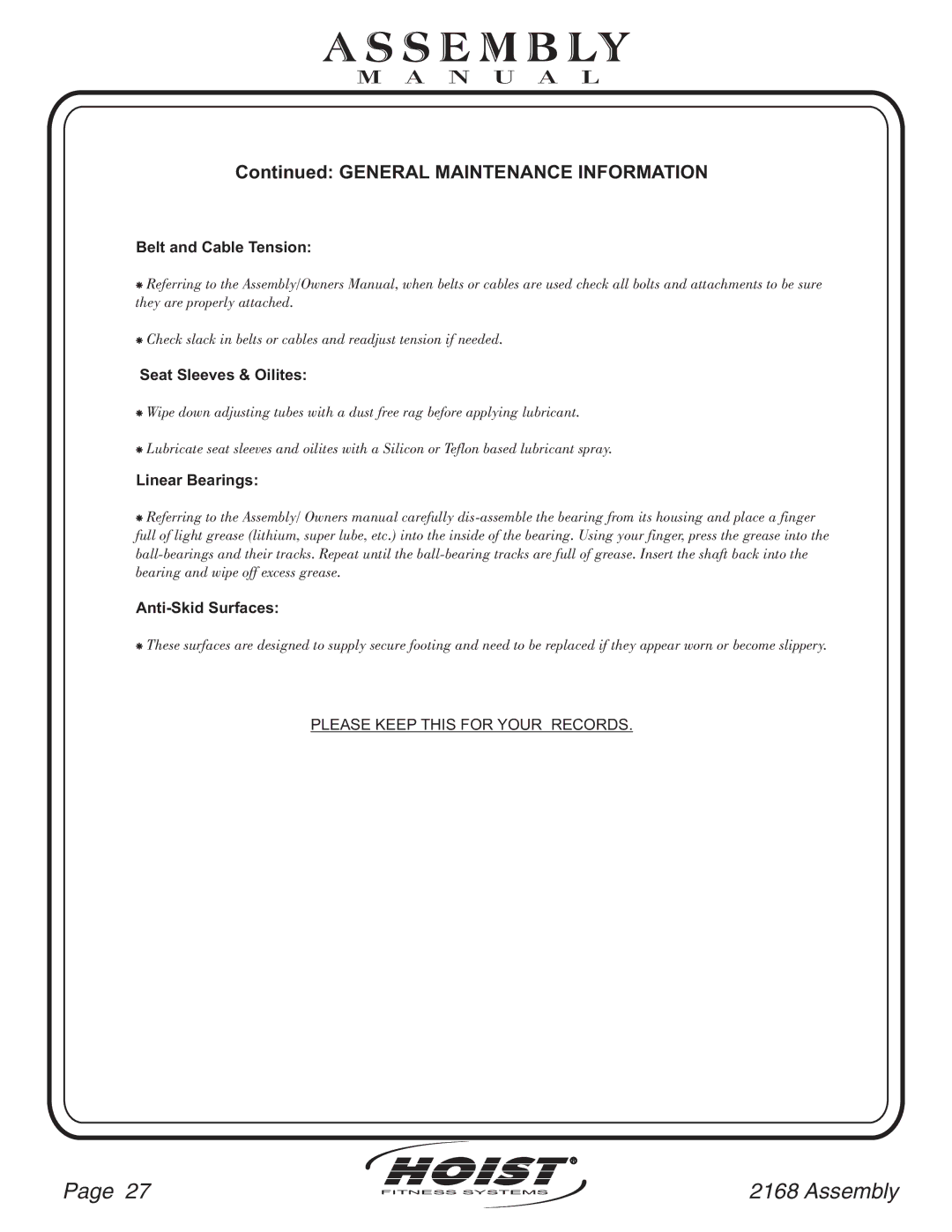 Hoist Fitness CF-2168 owner manual General Maintenance Information 