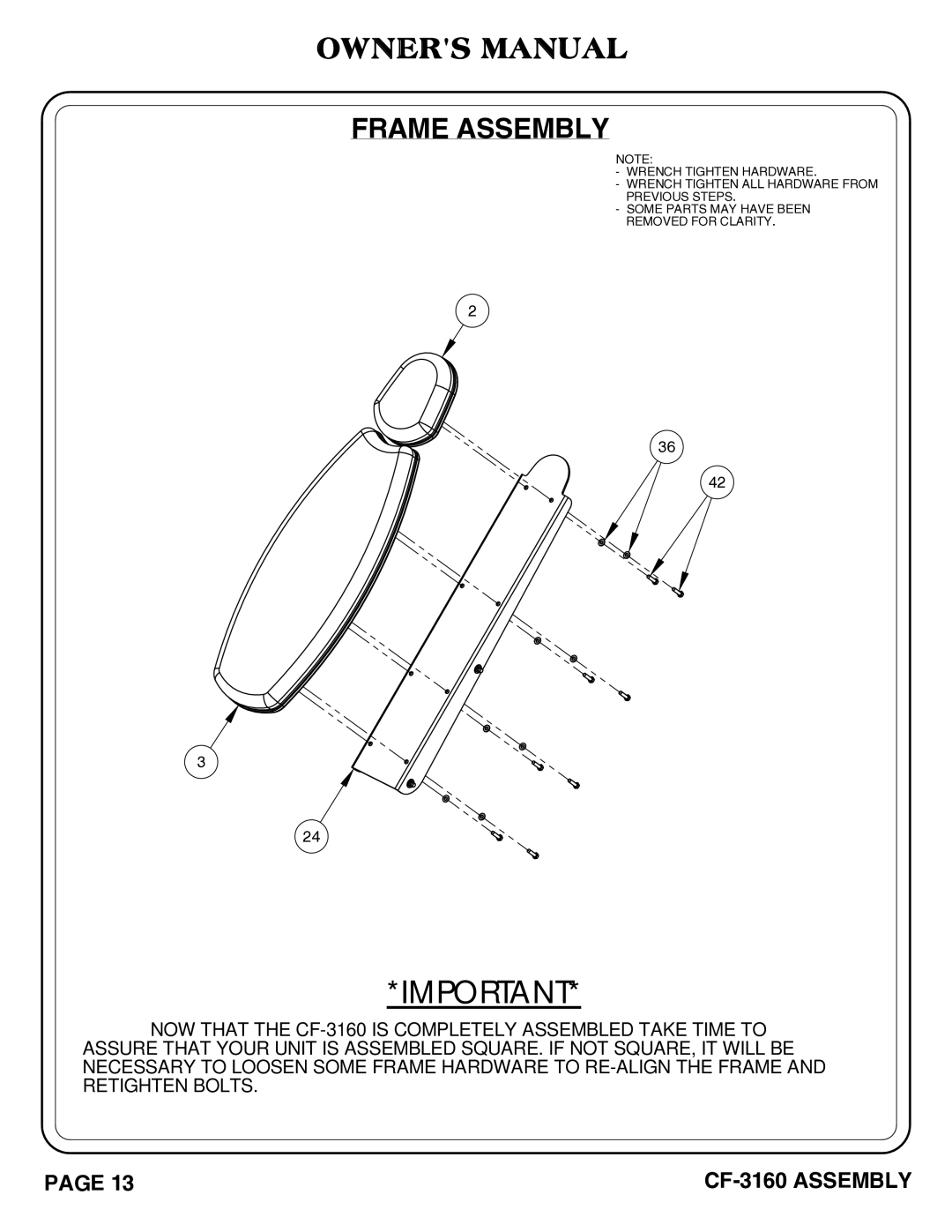 Hoist Fitness cf-3160 owner manual Frame Assembly 