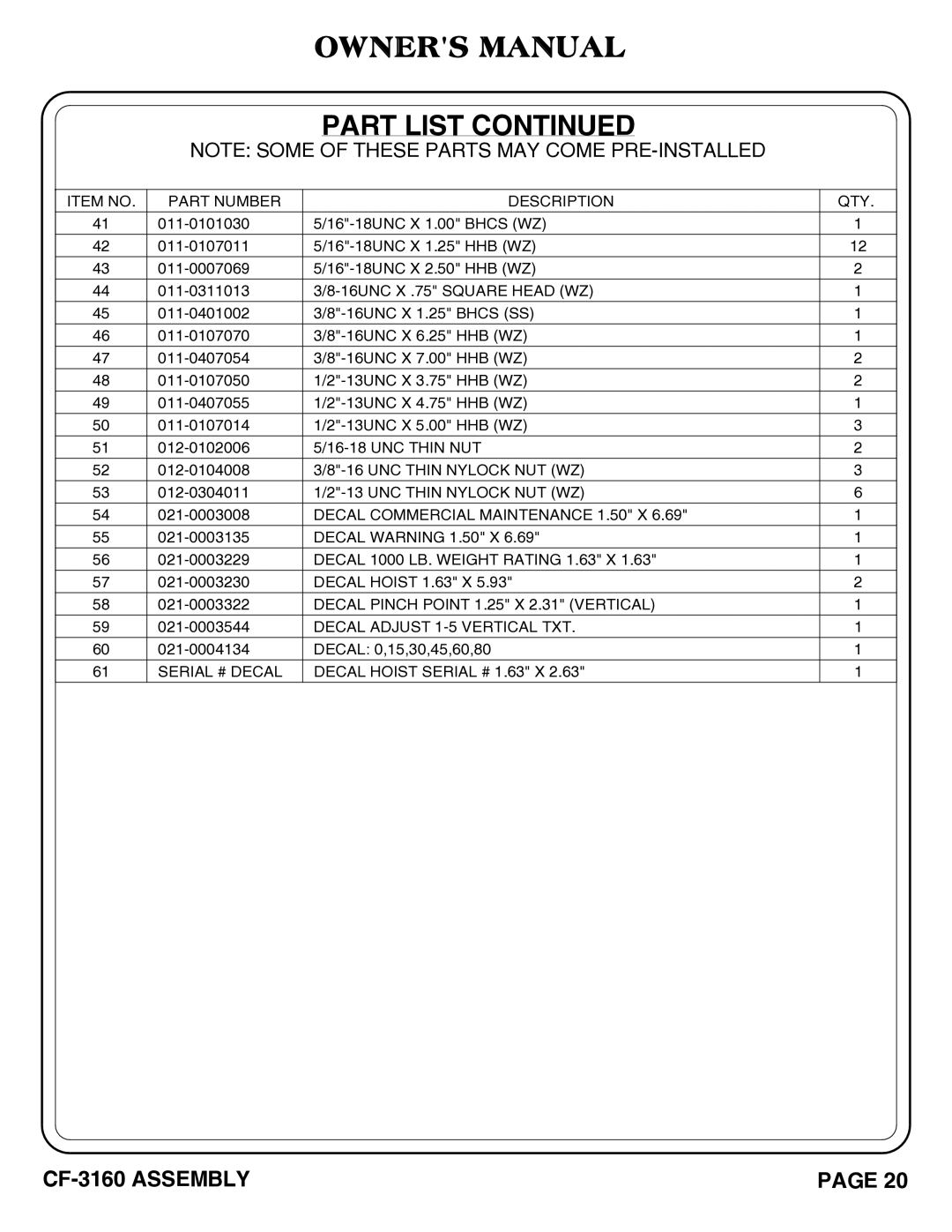 Hoist Fitness cf-3160 owner manual UNC Thin Nylock NUT WZ 