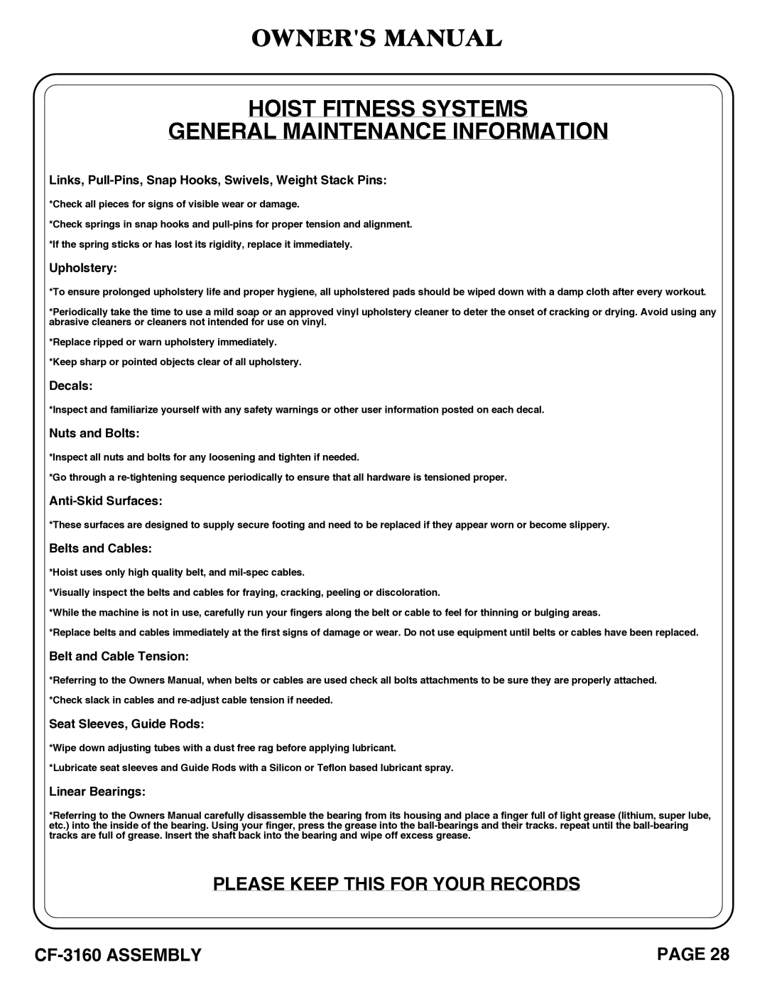 Hoist Fitness cf-3160 owner manual Hoist Fitness Systems General Maintenance Information 