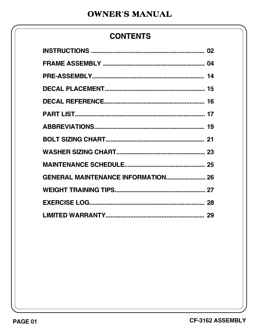 Hoist Fitness CF-3162 owner manual Contents 