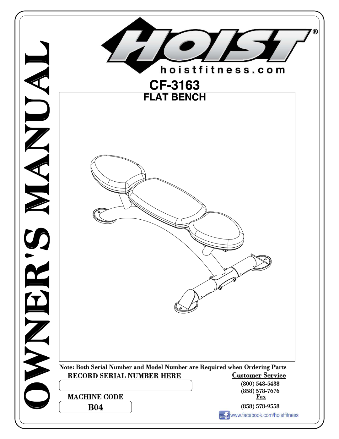 Hoist Fitness CF-3163 owner manual Flat Bench 