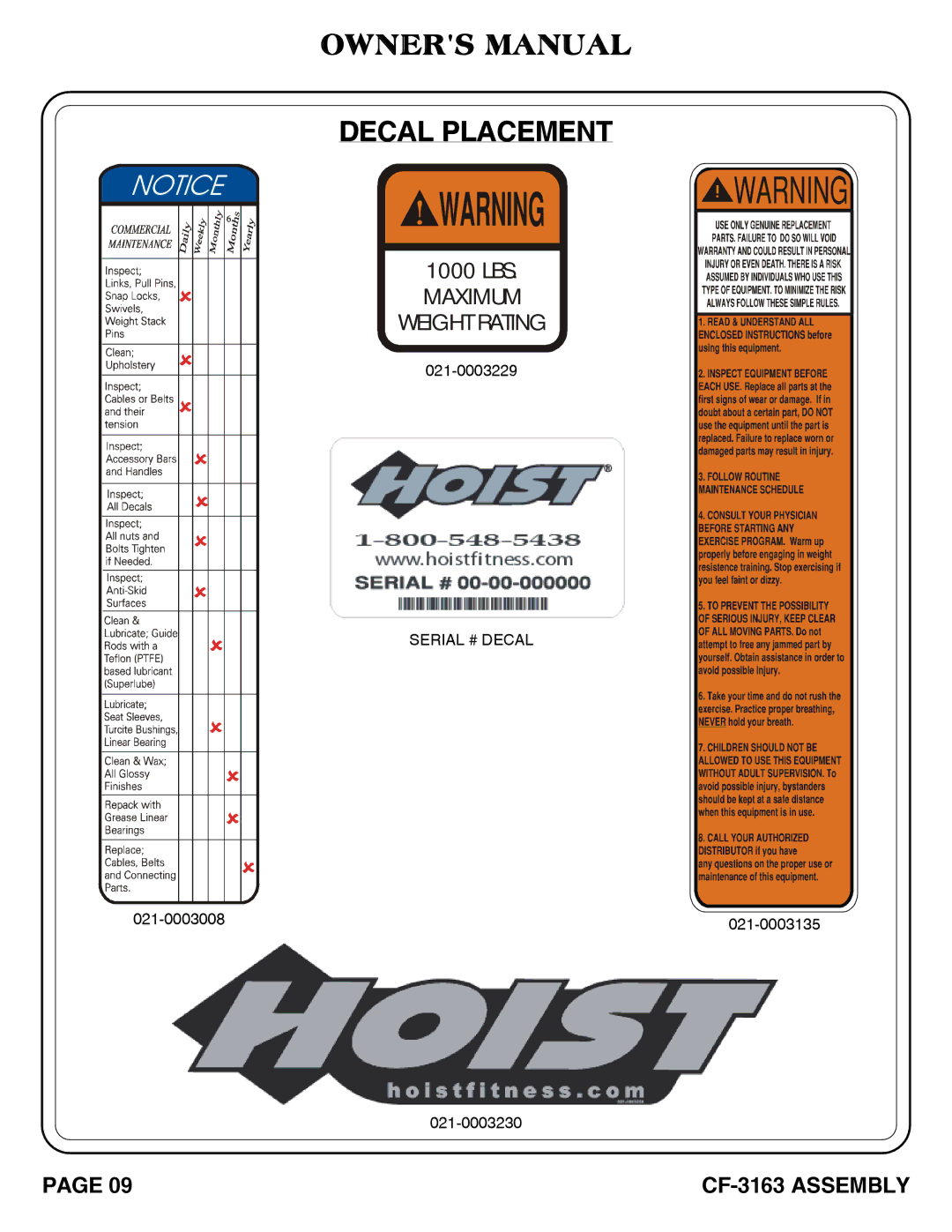 Hoist Fitness CF-3163 owner manual Decal Placement 