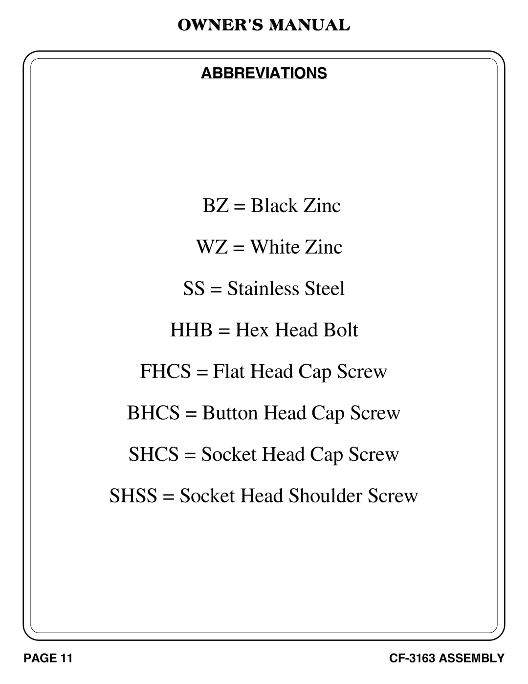 Hoist Fitness CF-3163 owner manual Abbreviations 