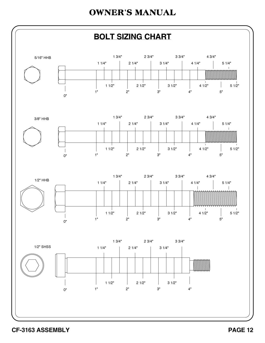 Hoist Fitness CF-3163 owner manual Bolt Sizing Chart 