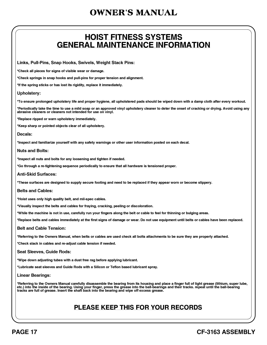 Hoist Fitness CF-3163 owner manual Hoist Fitness Systems General Maintenance Information 