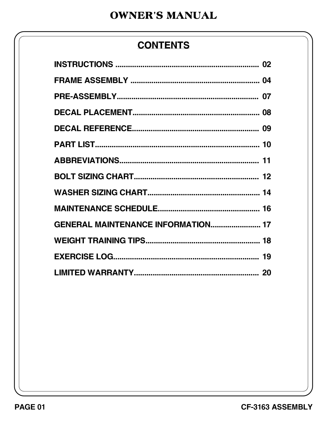 Hoist Fitness CF-3163 owner manual Contents 