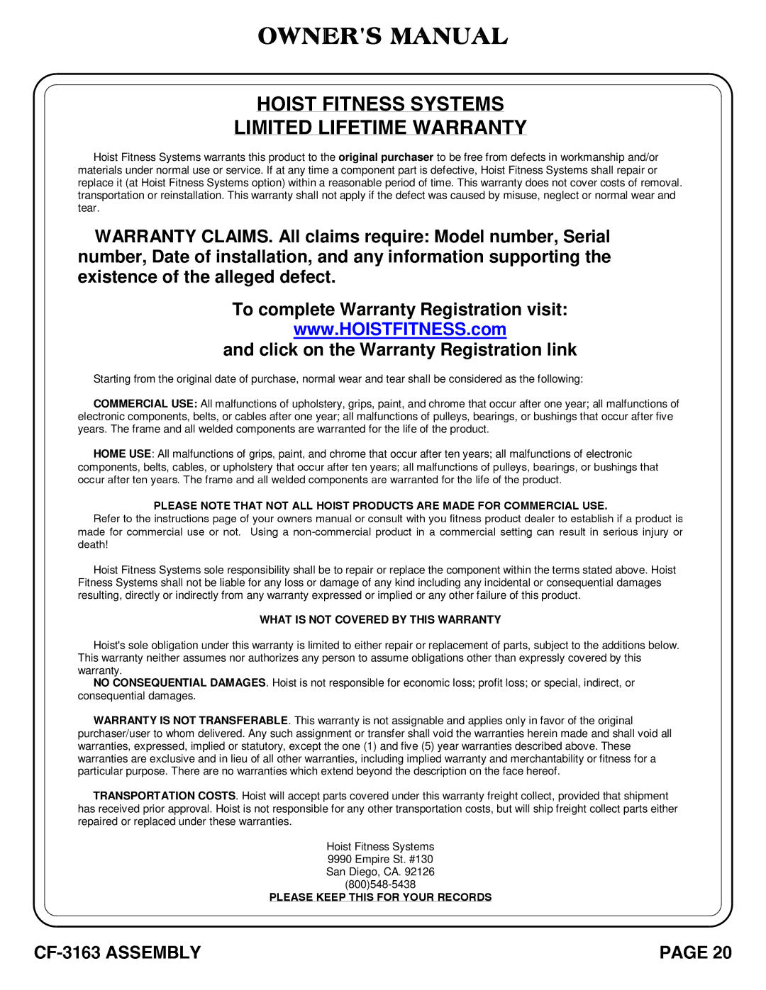 Hoist Fitness CF-3163 owner manual Hoist Fitness Systems Limited Lifetime Warranty 