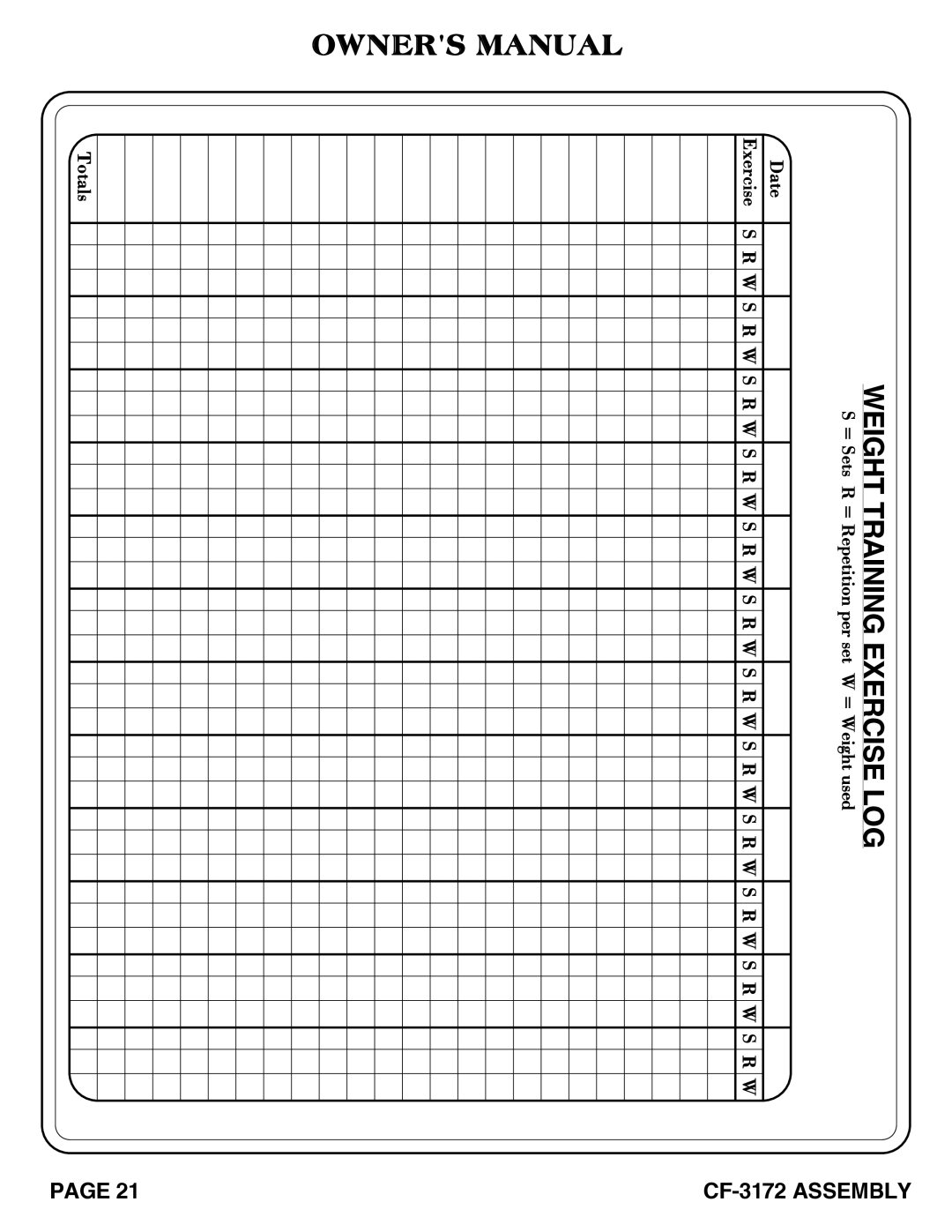 Hoist Fitness CF-3172 owner manual Weight Training Exercise LOG 