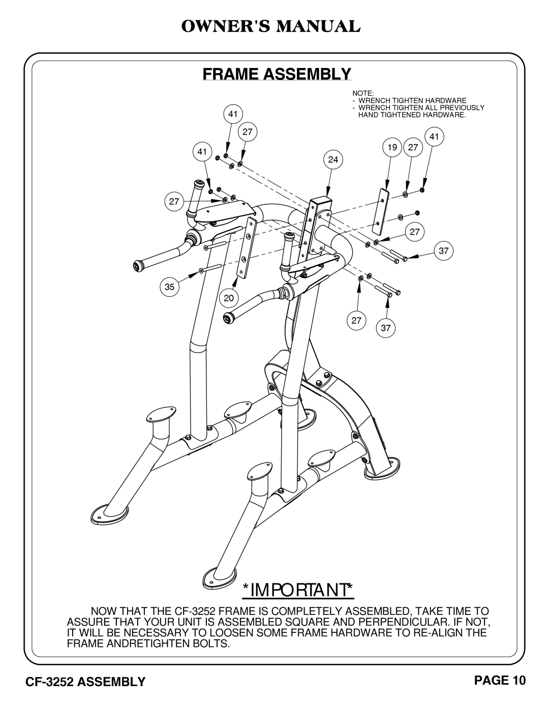 Hoist Fitness CF-3252 owner manual Wrench Tighten Hardware 