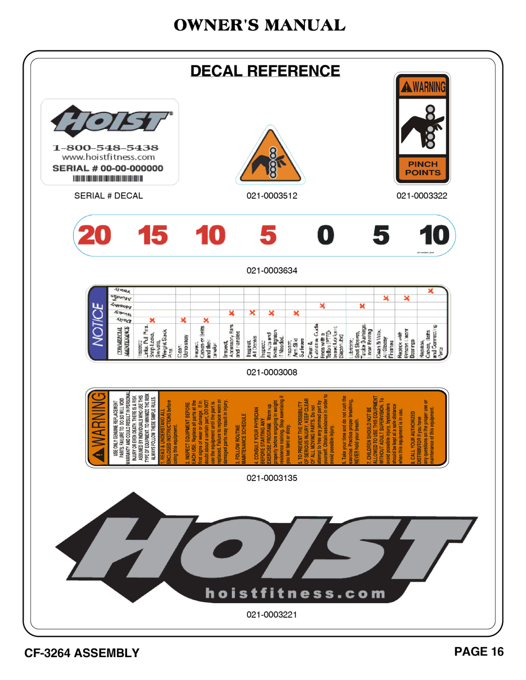 Hoist Fitness CF-3264 owner manual Decal Reference 