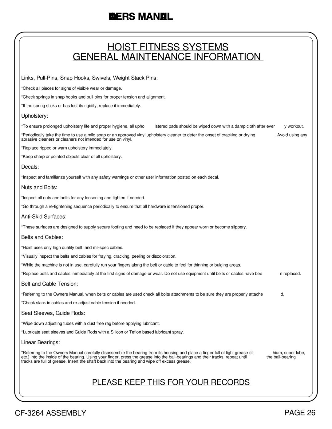 Hoist Fitness CF-3264 owner manual Hoist Fitness Systems General Maintenance Information 