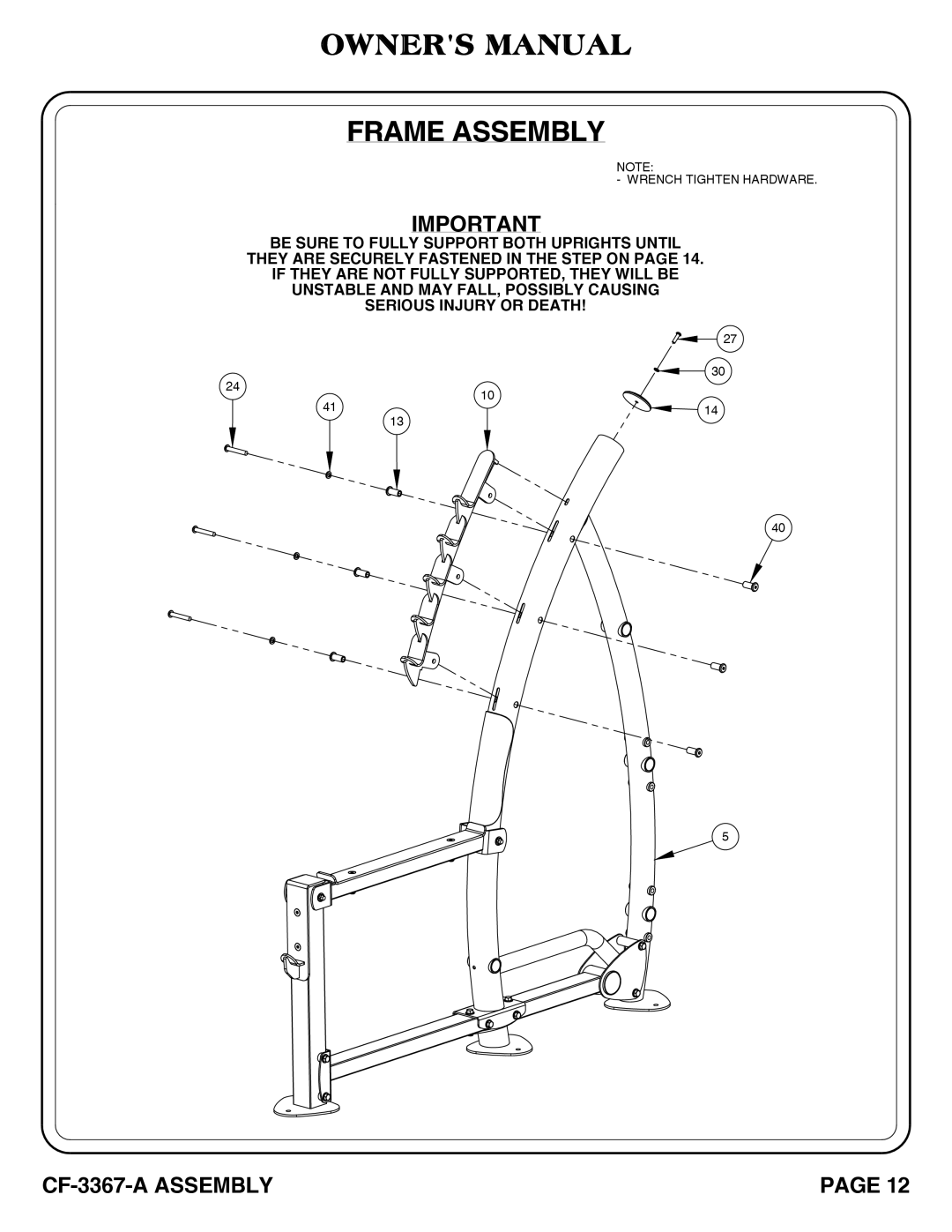 Hoist Fitness CF-3367-A SQUAT RACK owner manual Wrench Tighten Hardware 