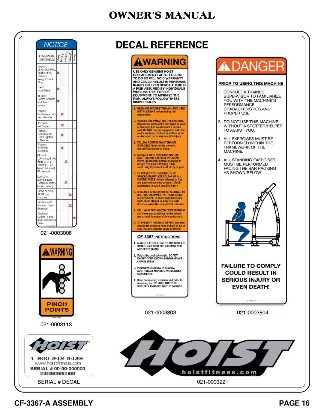 Hoist Fitness CF-3367-A SQUAT RACK owner manual Decal Reference 