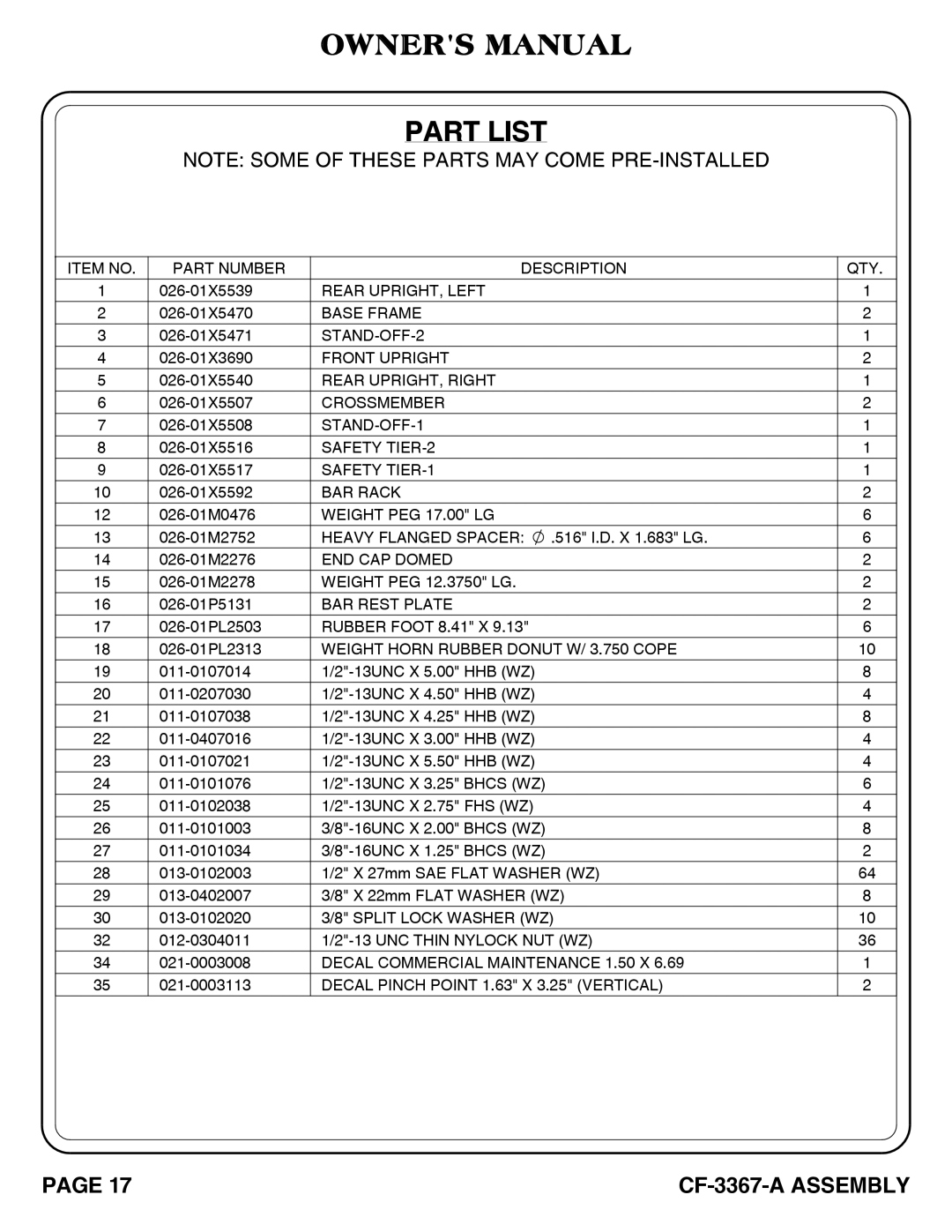 Hoist Fitness CF-3367-A SQUAT RACK owner manual Part List, Weight Horn Rubber Donut W/ 3.750 Cope 
