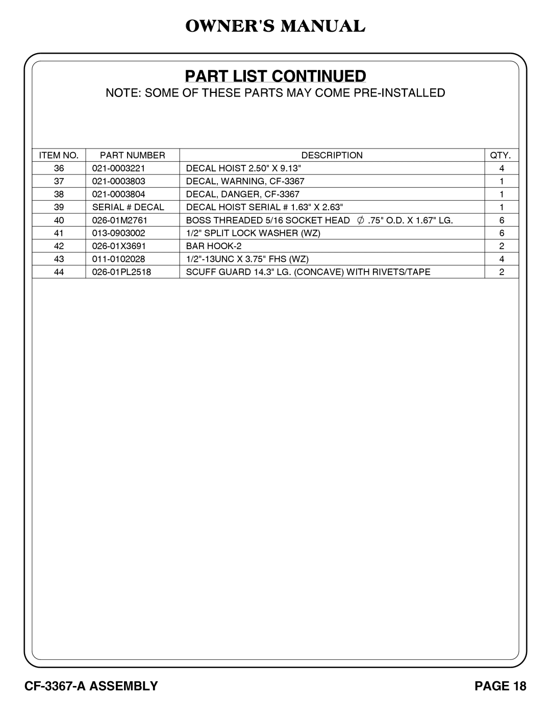 Hoist Fitness CF-3367-A SQUAT RACK owner manual Item no Part Number Description QTY 