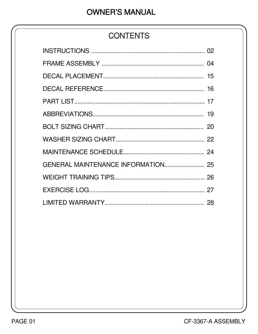 Hoist Fitness CF-3367-A SQUAT RACK owner manual Contents 