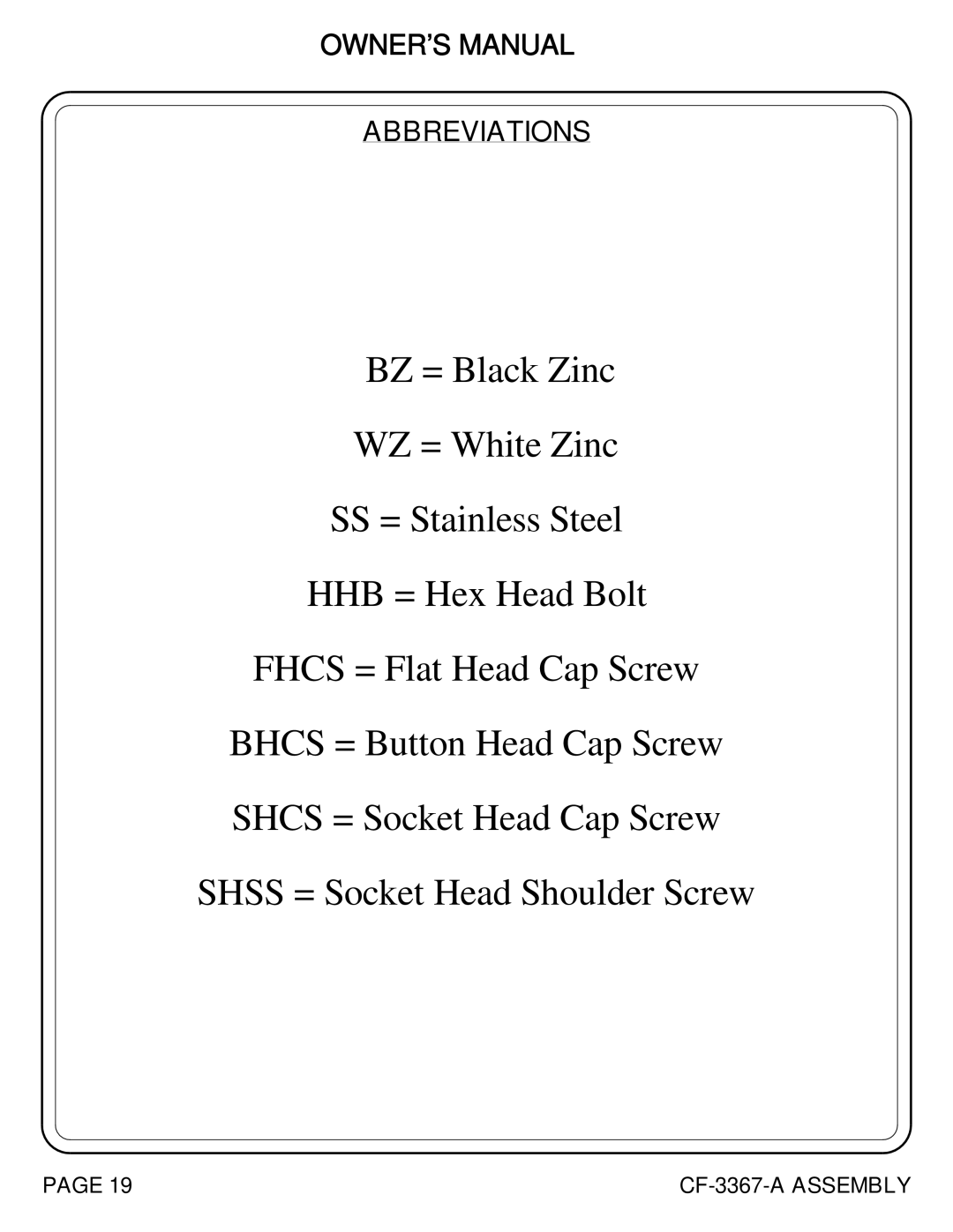 Hoist Fitness CF-3367-A SQUAT RACK owner manual Abbreviations 