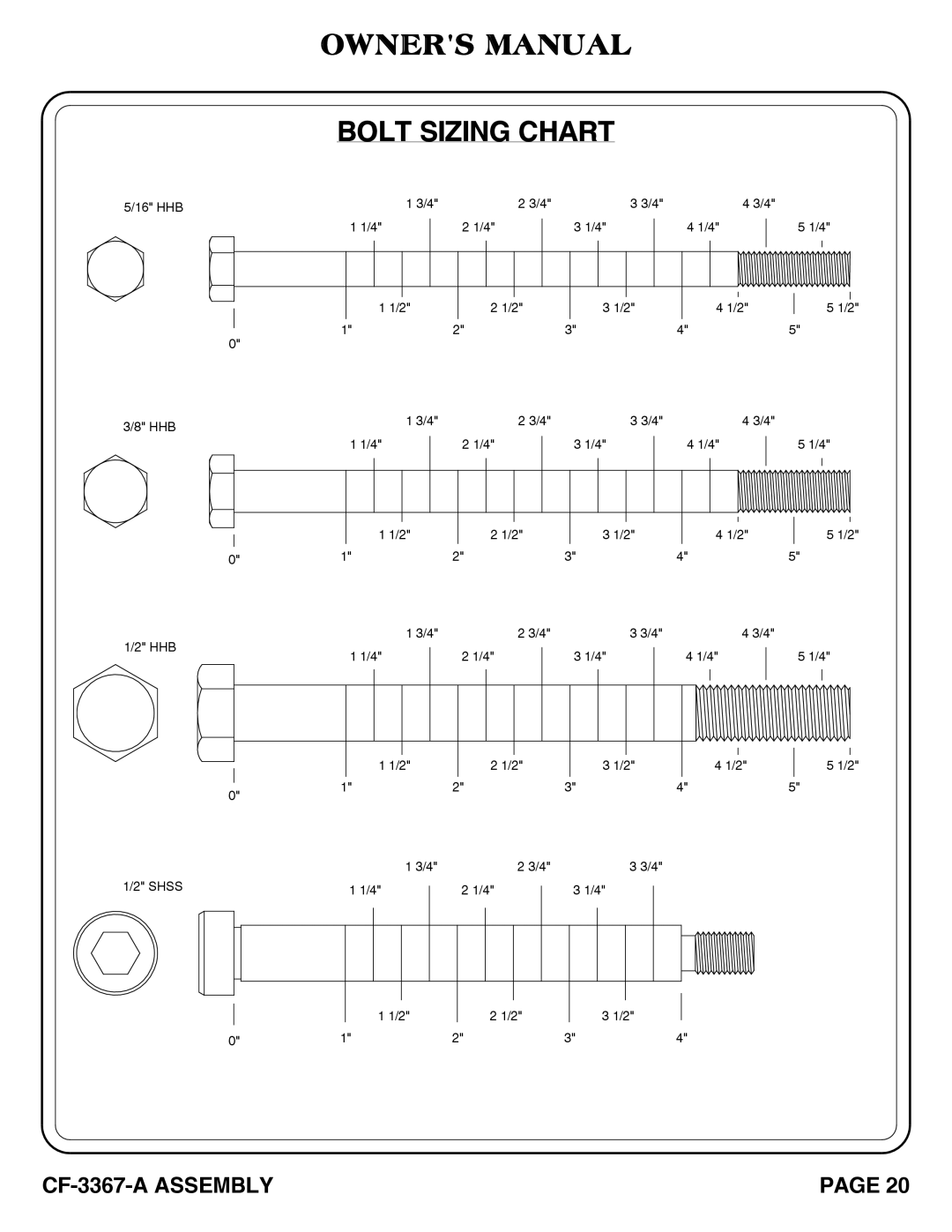 Hoist Fitness CF-3367-A SQUAT RACK owner manual Bolt Sizing Chart 