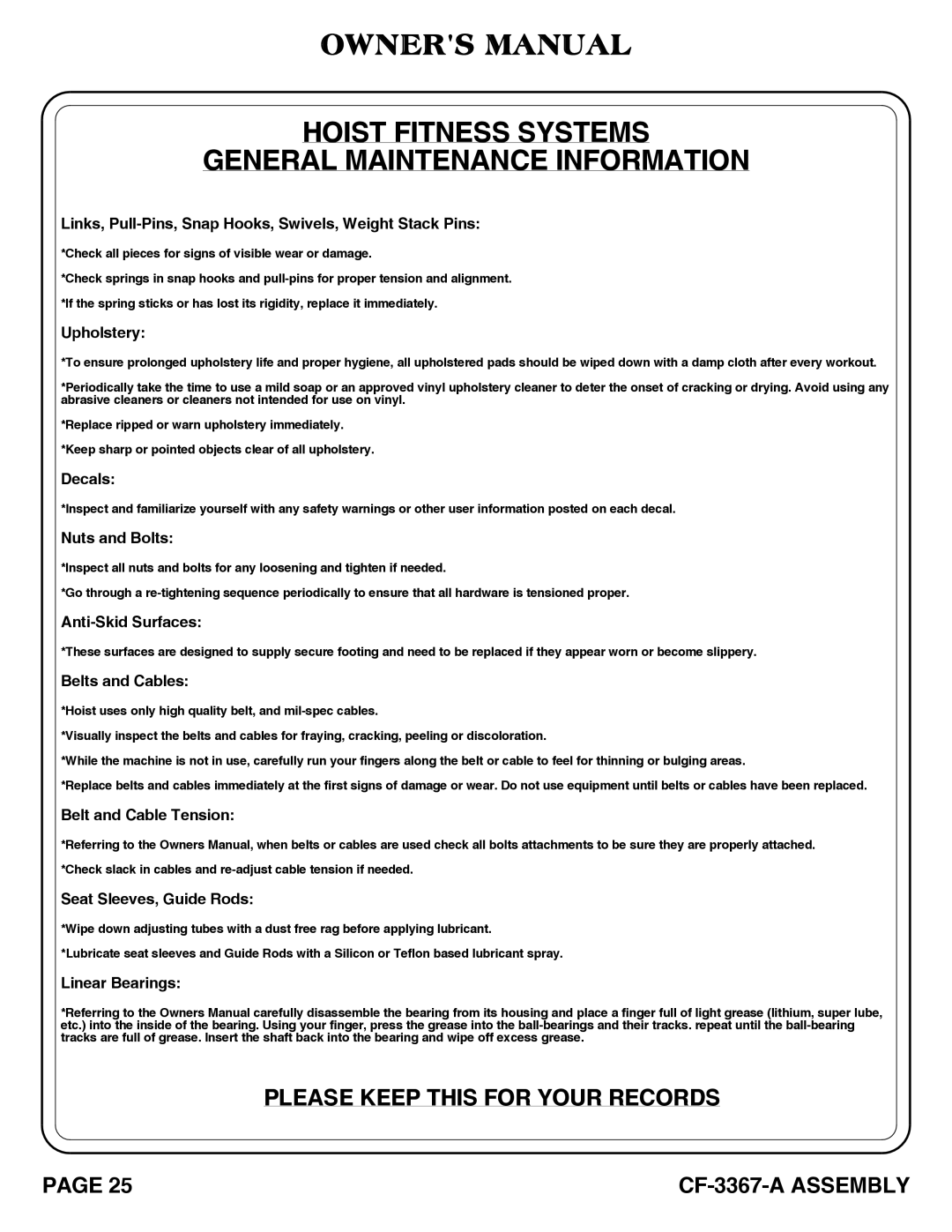 Hoist Fitness CF-3367-A SQUAT RACK owner manual Hoist Fitness Systems General Maintenance Information 