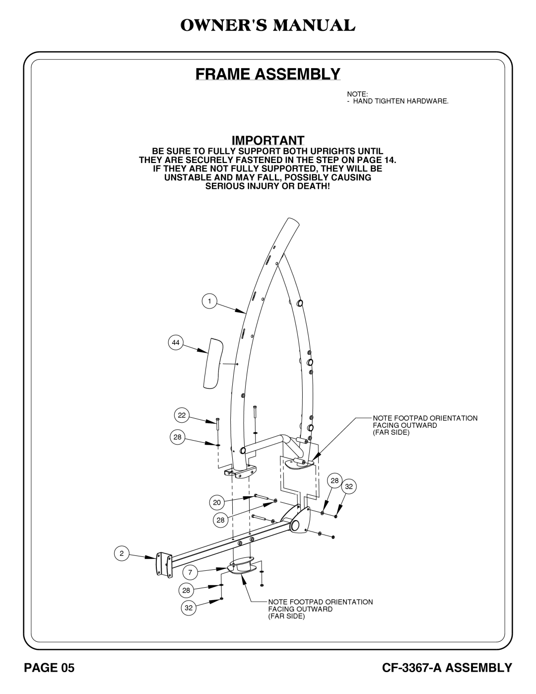 Hoist Fitness CF-3367-A SQUAT RACK owner manual Hand Tighten Hardware 