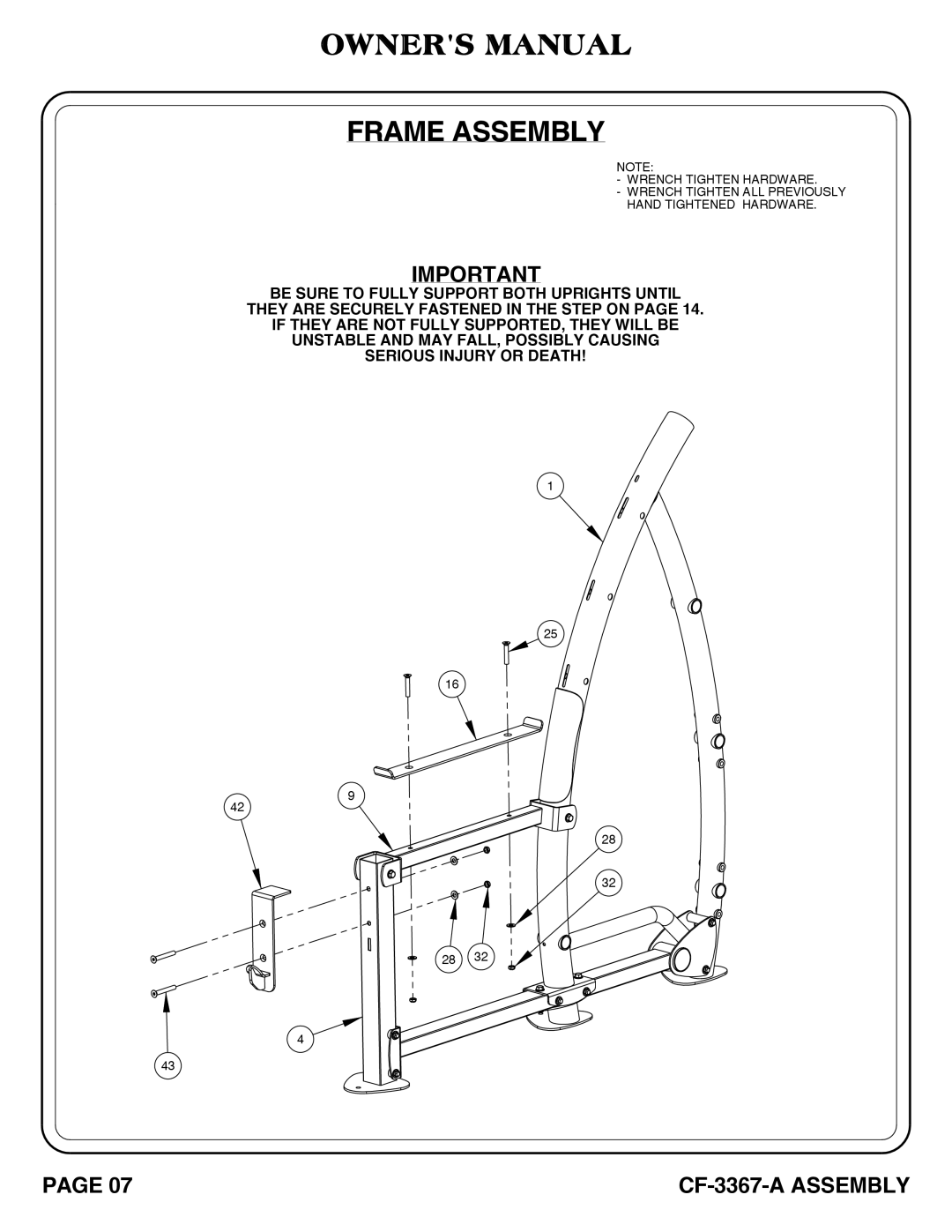 Hoist Fitness CF-3367-A SQUAT RACK owner manual Frame Assembly 