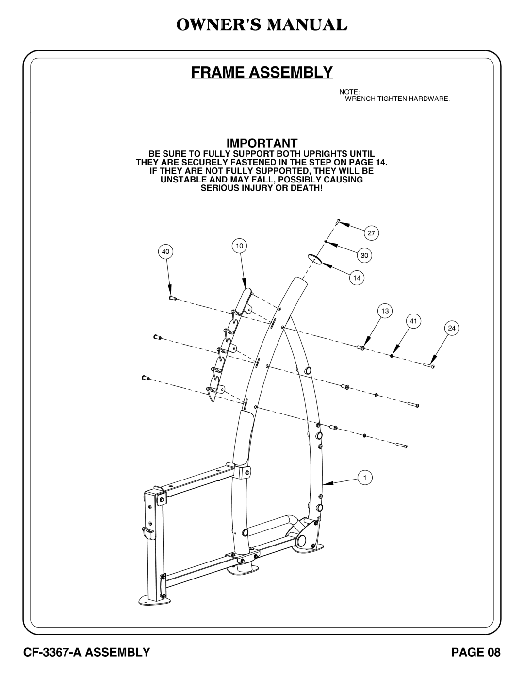 Hoist Fitness CF-3367-A SQUAT RACK owner manual Wrench Tighten Hardware 