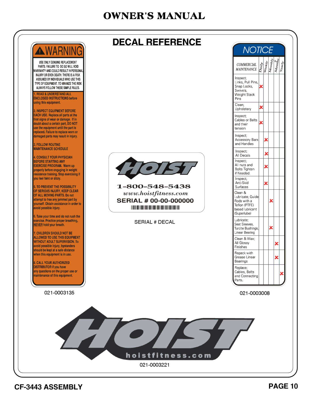 Hoist Fitness cf-3443 owner manual Decal Reference 