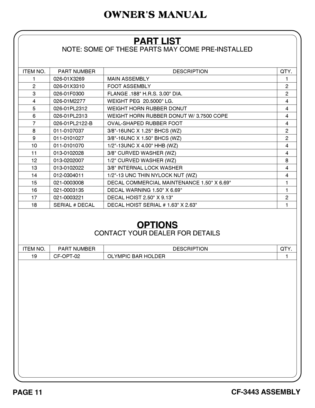 Hoist Fitness cf-3443 owner manual Part List, Options 