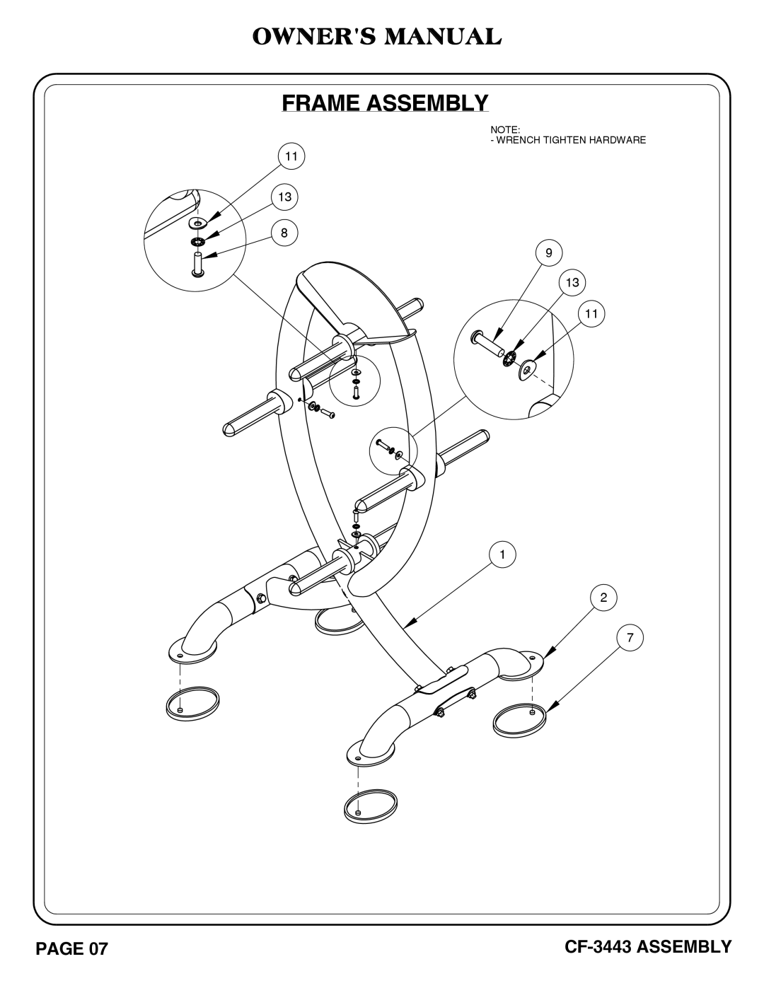 Hoist Fitness cf-3443 owner manual Wrench Tighten Hardware 