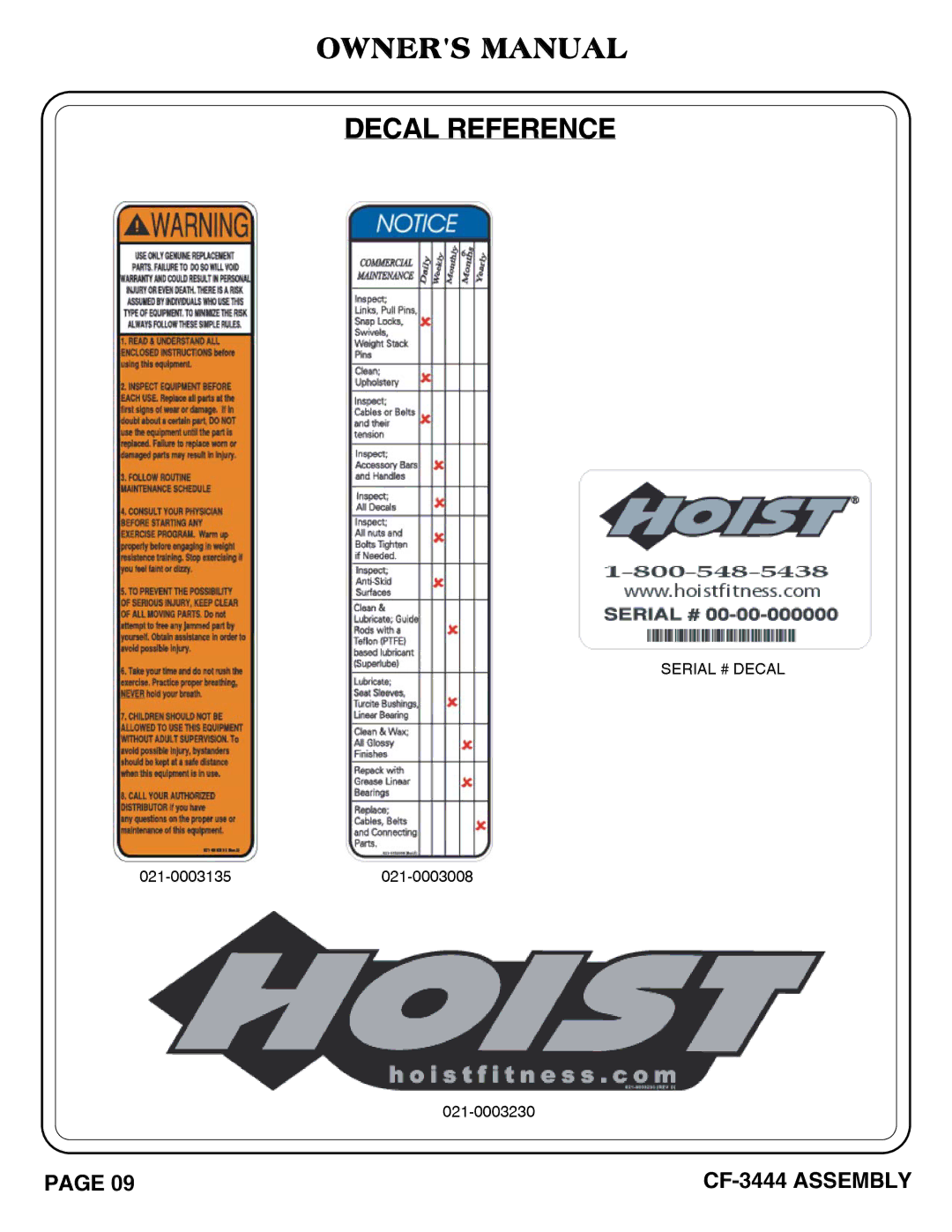 Hoist Fitness cf-3444 owner manual Decal Reference 