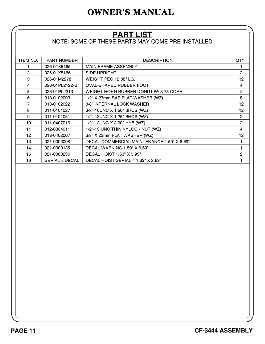 Hoist Fitness cf-3444 owner manual Part List 