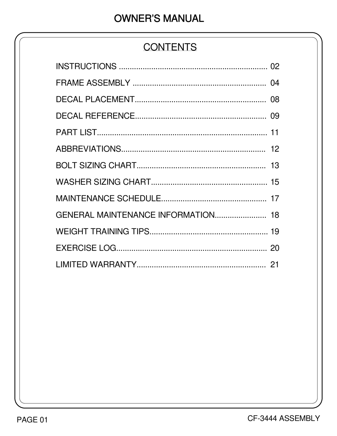 Hoist Fitness cf-3444 owner manual Contents 