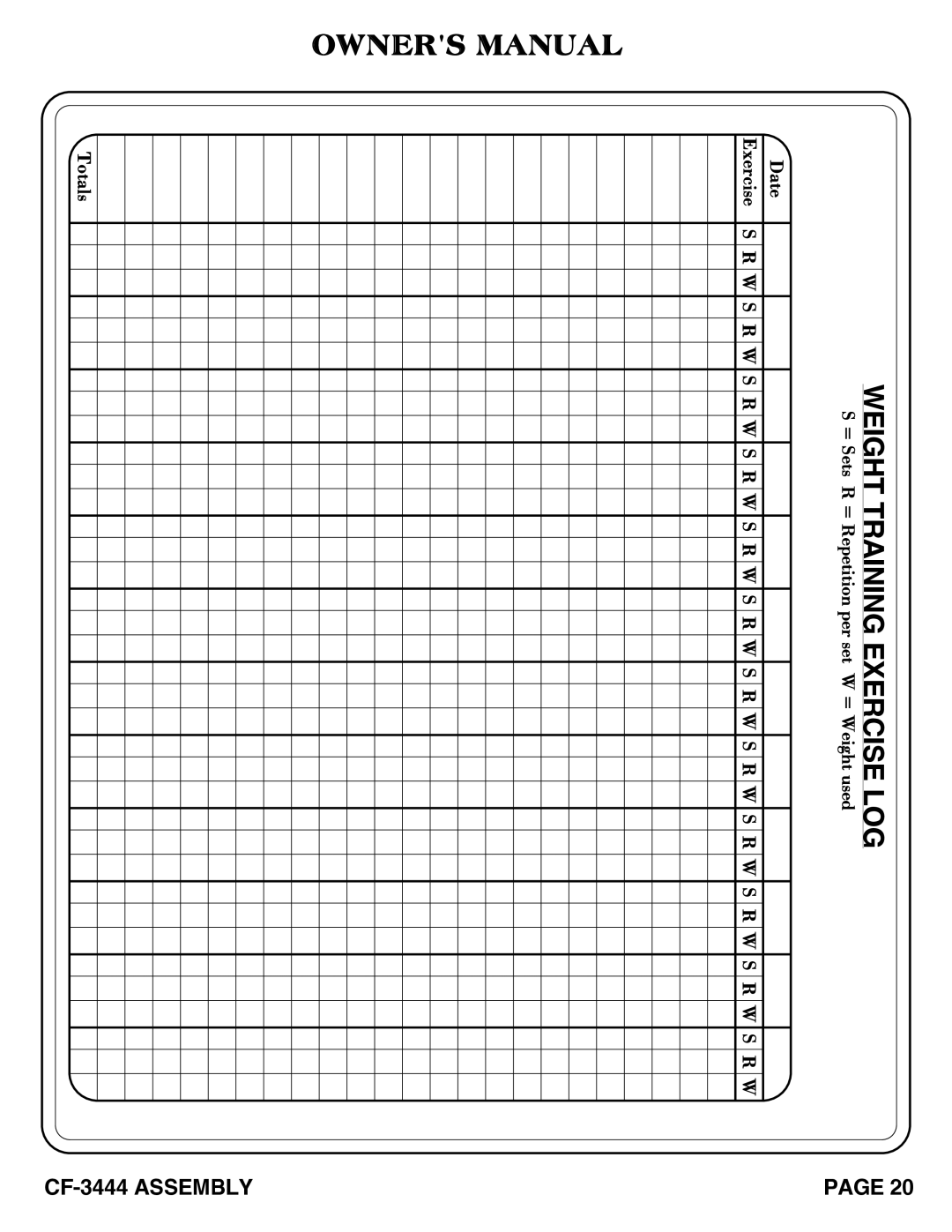 Hoist Fitness cf-3444 owner manual Weight Training Exercise LOG 