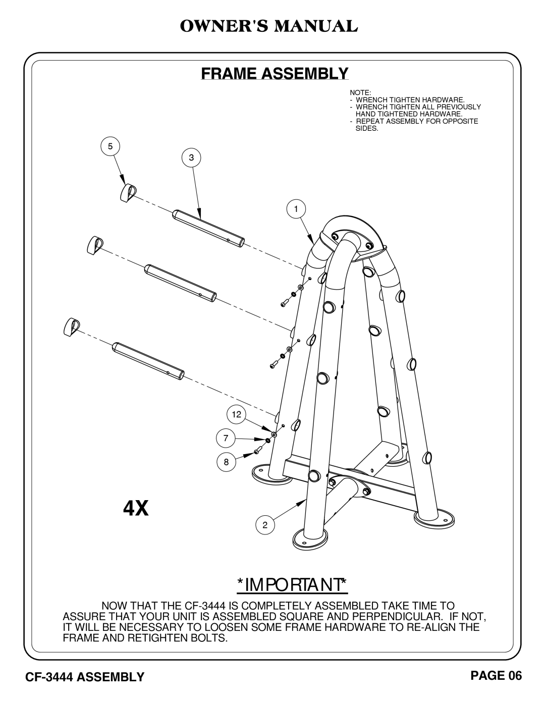 Hoist Fitness cf-3444 owner manual Frame Assembly 