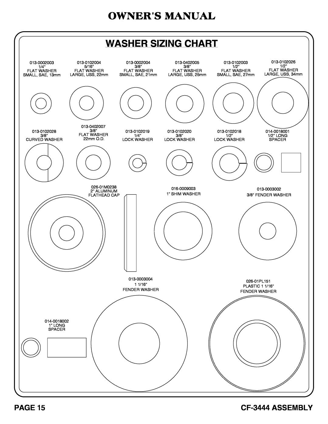 Hoist Fitness cf-3444 owner manual Owners Manual Washer Sizing Chart, CF-3444 ASSEMBLY 