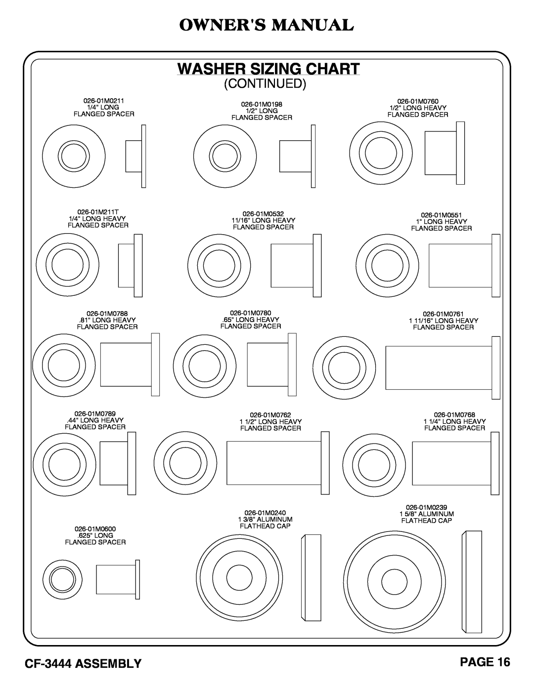 Hoist Fitness cf-3444 owner manual Owners Manual Washer Sizing Chart, Page, 026-01M0211 1/4 LONG FLANGED SPACER 