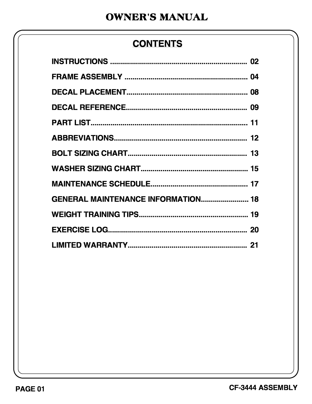 Hoist Fitness cf-3444 owner manual Owners Manual, Contents 