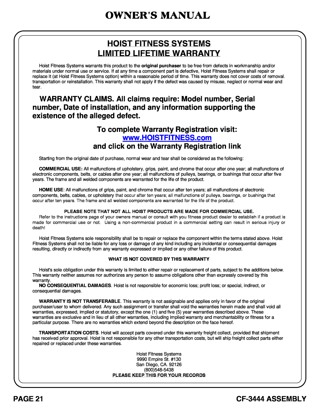 Hoist Fitness cf-3444 owner manual Owners Manual, Hoist Fitness Systems Limited Lifetime Warranty, CF-3444 ASSEMBLY 