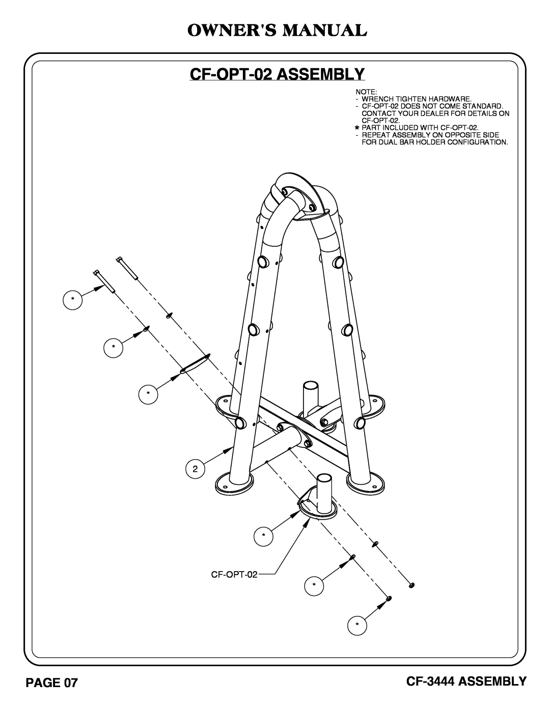 Hoist Fitness cf-3444 owner manual OWNERS MANUAL CF-OPT-02 ASSEMBLY, CF-3444 ASSEMBLY 