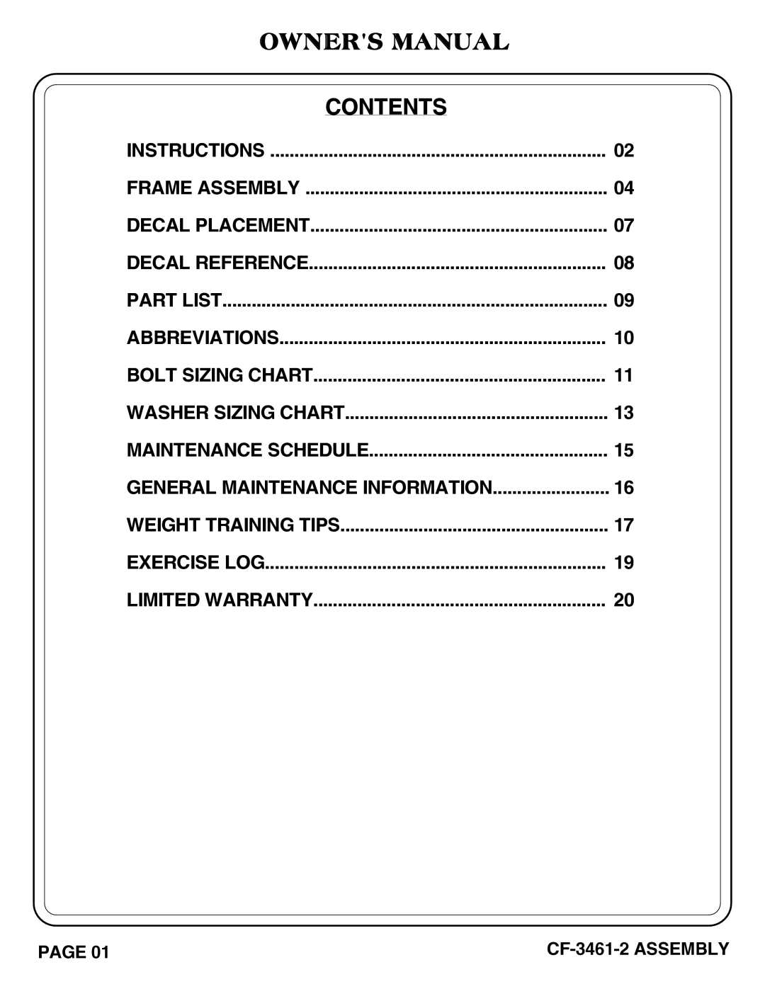 Hoist Fitness CF-3461-2 owner manual Contents 