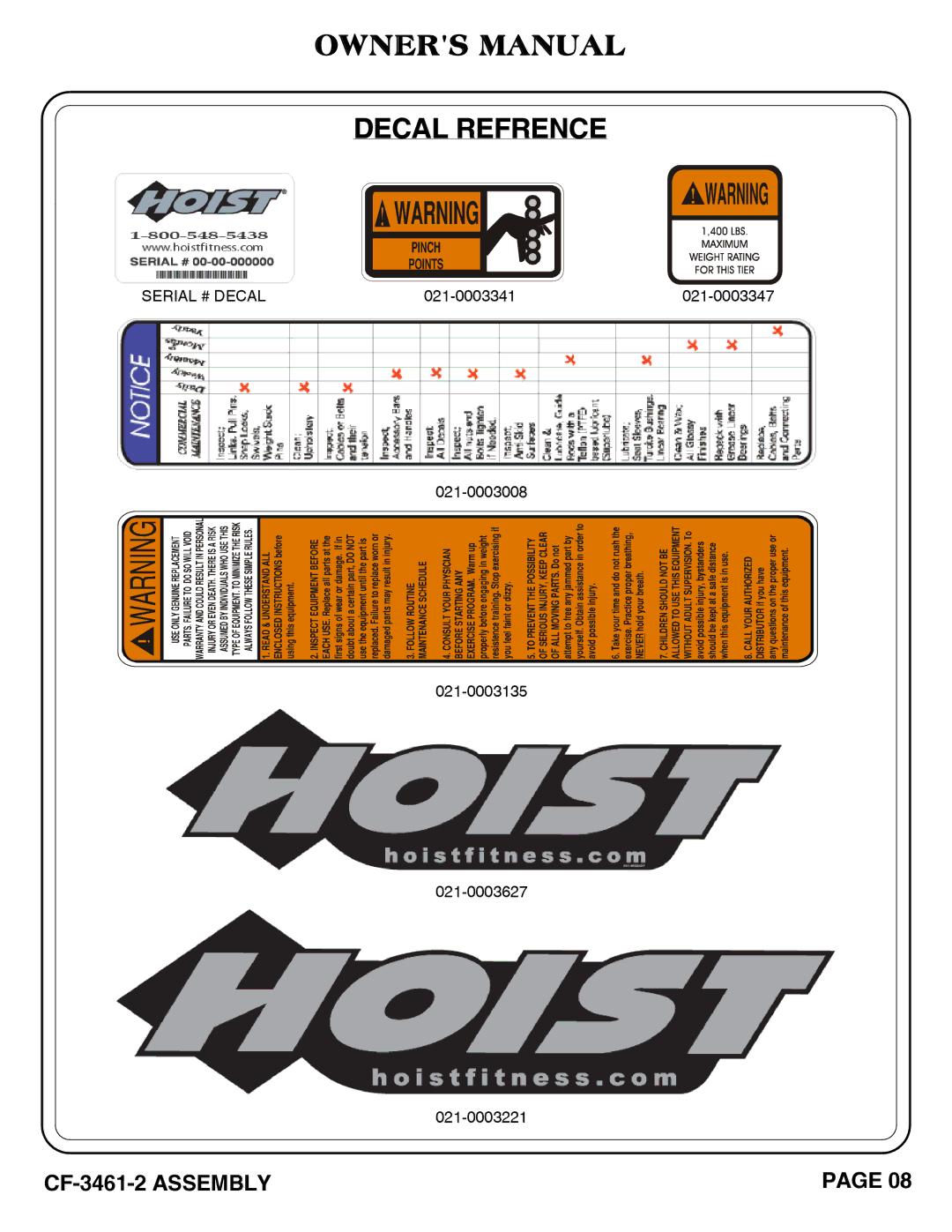 Hoist Fitness CF-3461-2 owner manual Decal Refrence 