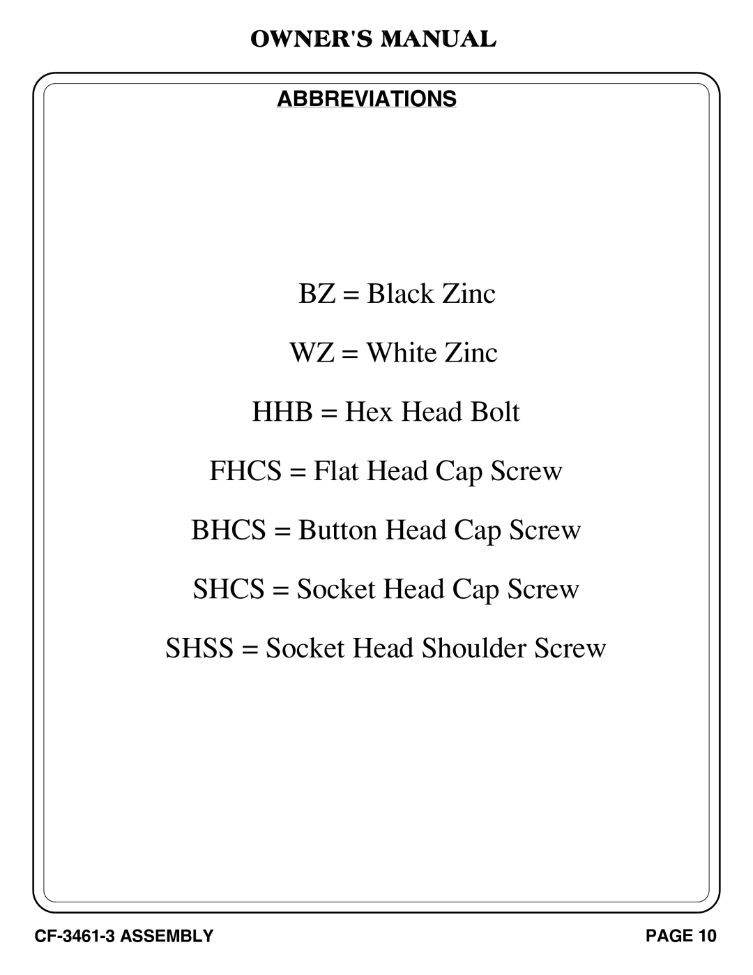 Hoist Fitness CF-3461-3 owner manual BZ = Black Zinc WZ = White Zinc HHB = Hex Head Bolt, Abbreviations 