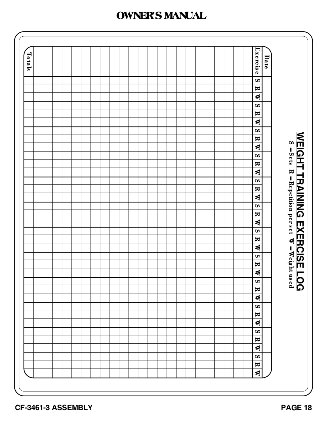 Hoist Fitness CF-3461-3 owner manual Weight Training Exercise LOG 