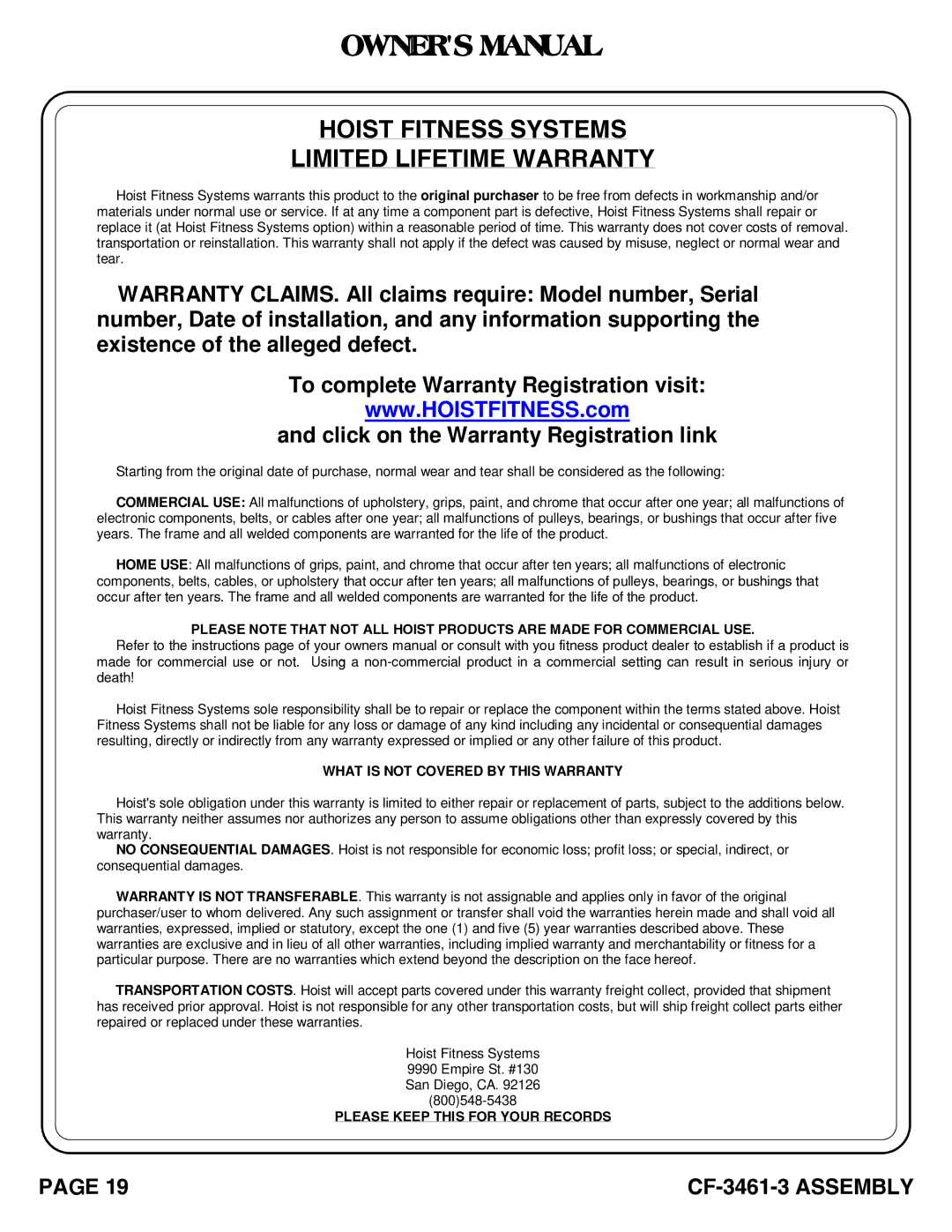 Hoist Fitness CF-3461-3 owner manual Hoist Fitness Systems Limited Lifetime Warranty 