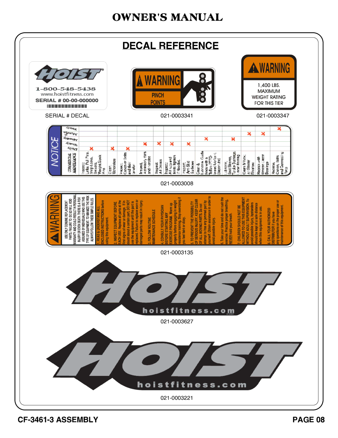 Hoist Fitness CF-3461-3 owner manual Decal Reference 